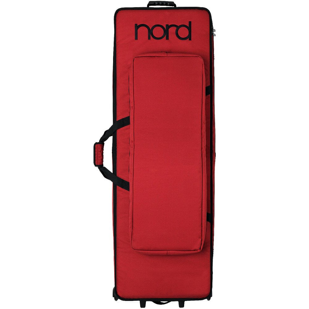 Red soft carrying case for a keyboard instrument with black nord logo and handles.