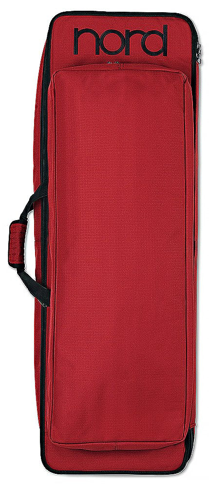 Red fabric carrying case with black 'nord' logo and front pocket, designed for an instrument or equipment.
