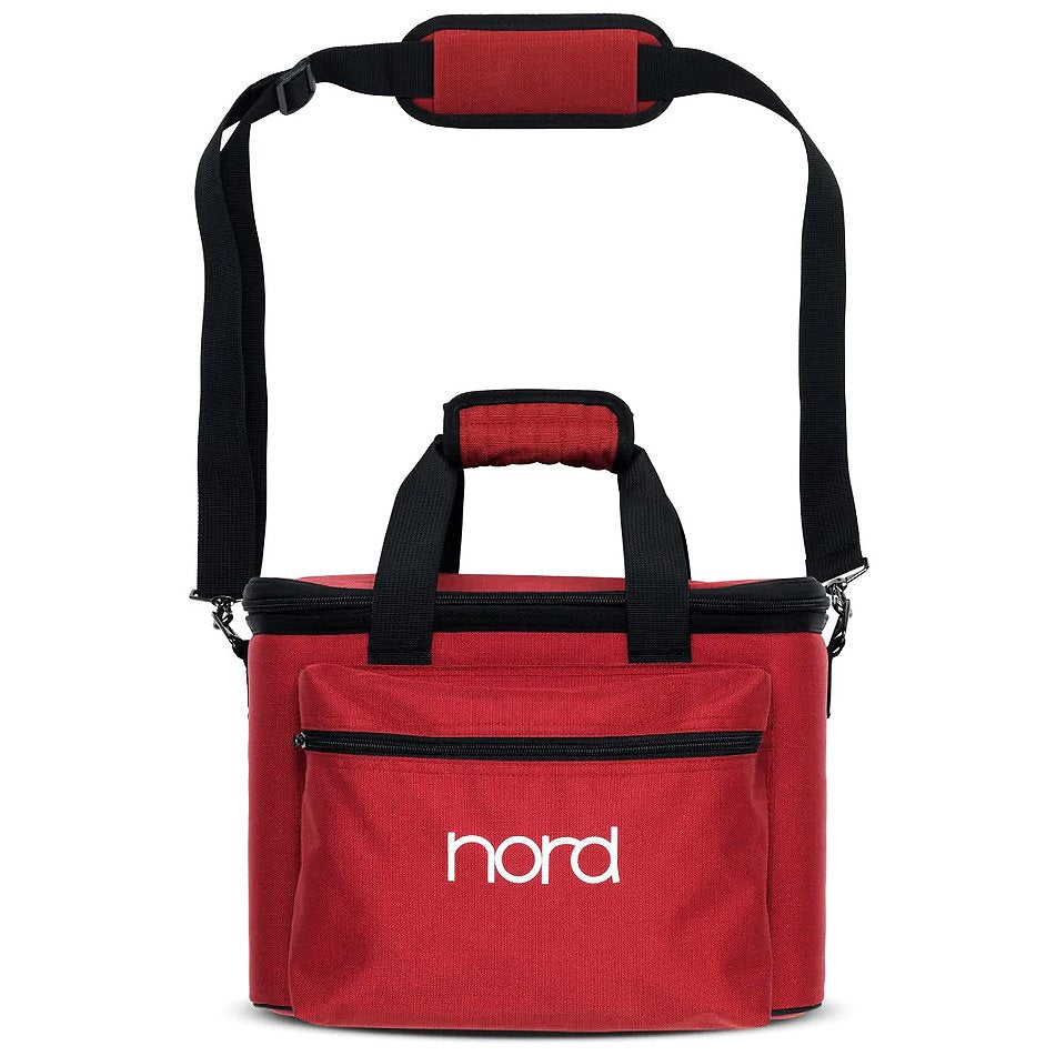 Red soft carrying bag with black handles and shoulder strap printed with "nord" on front pocket.