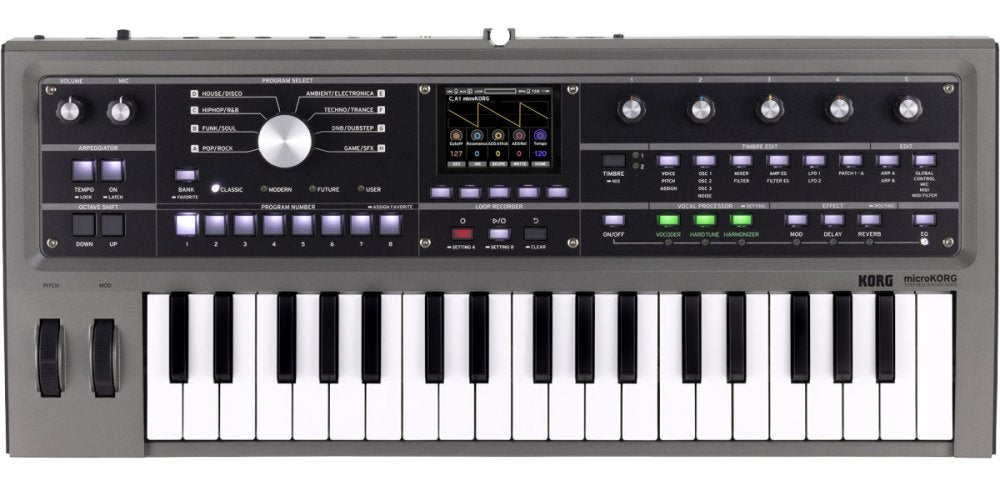 Top-down view of a gray KORG microKORG synthesizer keyboard with various knobs, buttons, and display screen.