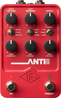 Red guitar effects pedal with six knobs, three toggle switches, and two footswitches labeled 'ON' and 'PRESET'.
