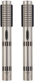 Two silver cylindrical microphones with black clip mounts and ROYER logos, model R-122V visible on both.