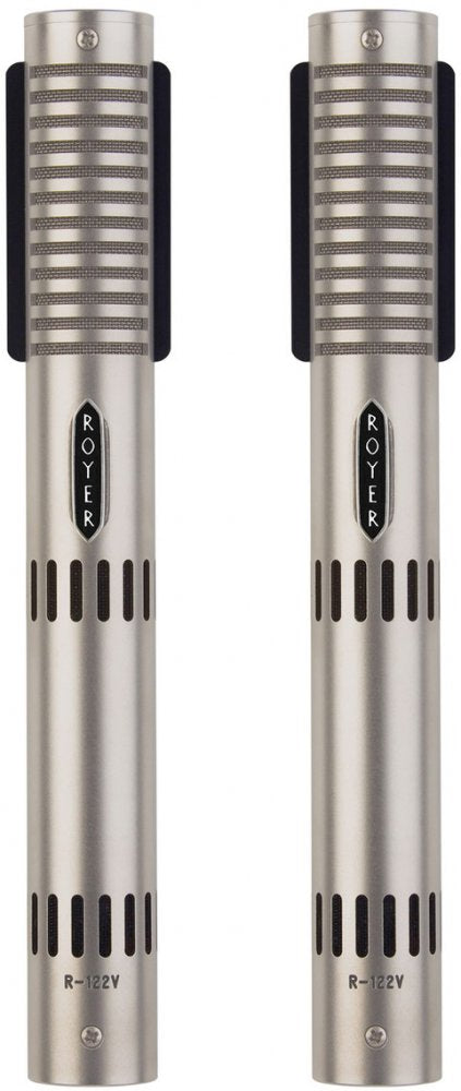 Two silver cylindrical microphones with black clip mounts and ROYER logos, model R-122V visible on both.