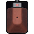 Front view of a black and red rectangular microphone with a perforated grille and sE logo.