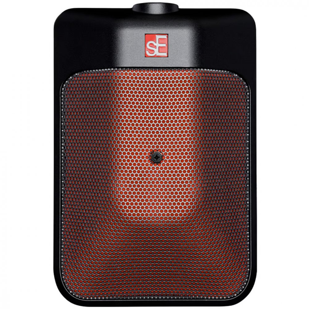 Front view of a black and red rectangular microphone with a perforated grille and sE logo.