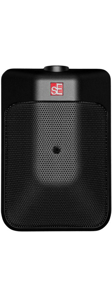 Top view of a compact black rectangular microphone with a central grille and red sE logo.