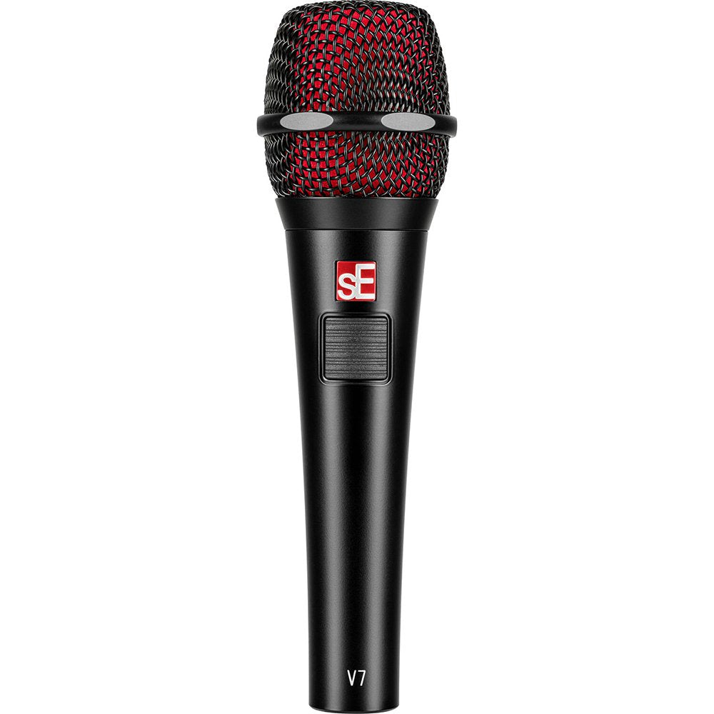 Black handheld microphone with red mesh grille and sE logo on the body, showing a sliding switch and model number V7.