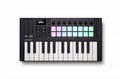 Black MIDI controller keyboard with 25 keys, 16 multicolored pads, knobs, sliders, buttons, and a small screen above the keys.
