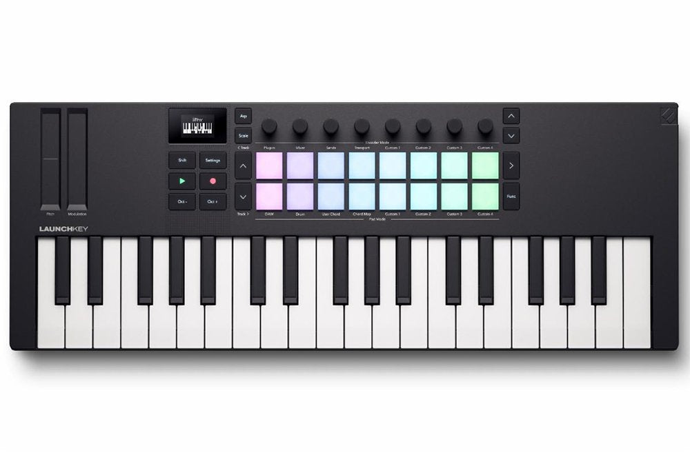 Black 37-key MIDI controller with multicolor pads, knobs, buttons, pitch and modulation wheels, and a small display screen.