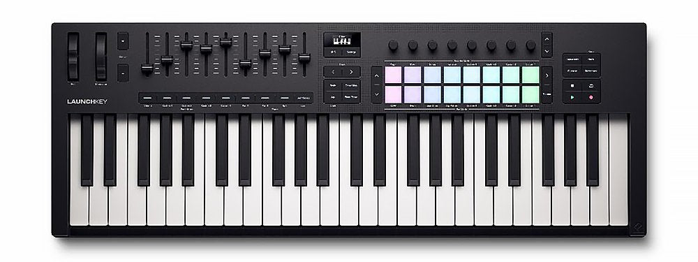 Black MIDI controller keyboard with 49 keys, knobs, faders, buttons, and color pads.