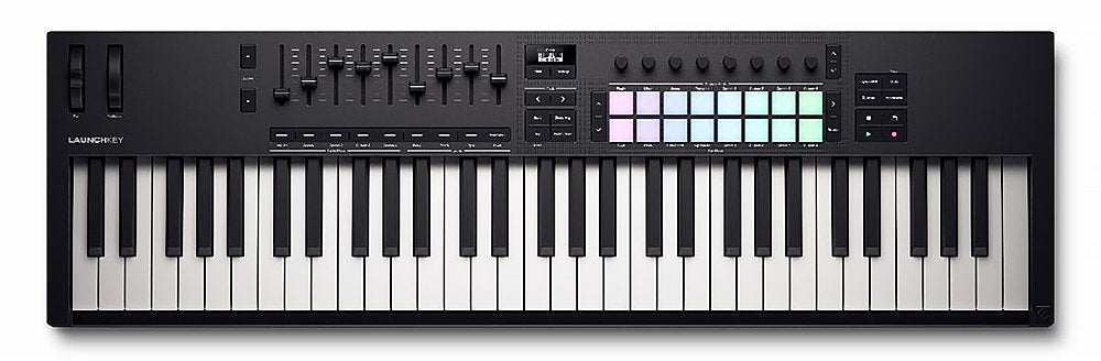 Black MIDI keyboard controller with 61 keys, 16 colored pads, faders, knobs, and small display.