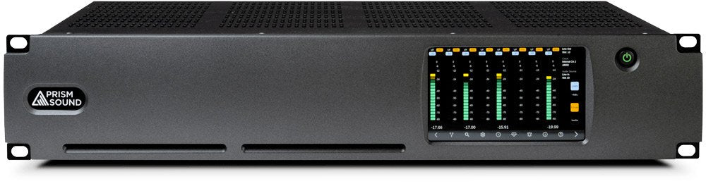 Black rackmount audio device with Prism Sound logo, touchscreen display with meters, and power button on front panel.