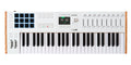 White MIDI keyboard controller with 49 keys, 16 blue pads, 9 faders, 9 knobs, and a small display screen.
