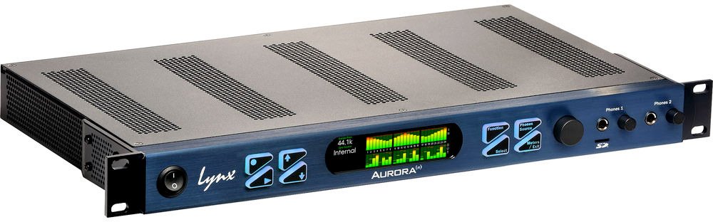Front angled view of a Lynx Aurora audio device with display, controls, and headphone jacks.
