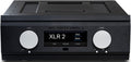 Black audio device with two large silver rotary knobs and a central display showing audio settings.