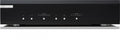 Front panel of a black audio device with multiple push button knobs labeled for phono stage and loading adjustments.