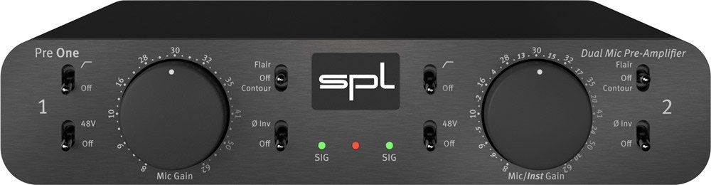 Front panel of a black SPL Dual Mic Pre-Amplifier featuring two large rotary gain knobs and multiple toggle switches.