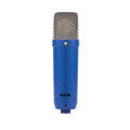 Blue cylindrical microphone with silver mesh grille and threaded connector at the bottom.