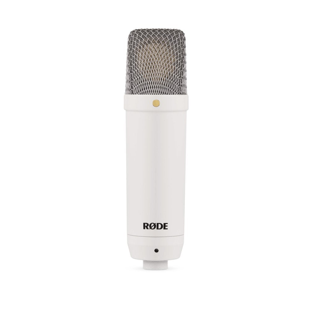 White cylindrical studio microphone with silver mesh grille and RØDE logo on the body.