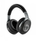 Black and gray over-ear headphones with fabric ear pads and perforated circular ear cups with logo on the side.
