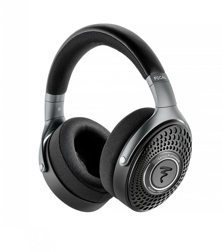 Black and gray over-ear headphones with fabric ear pads and perforated circular ear cups with logo on the side.
