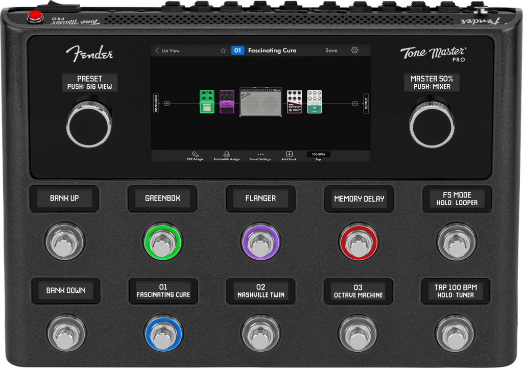 Black multi-effects processor with knobs, footswitches, and touchscreen interface displaying effect blocks.
