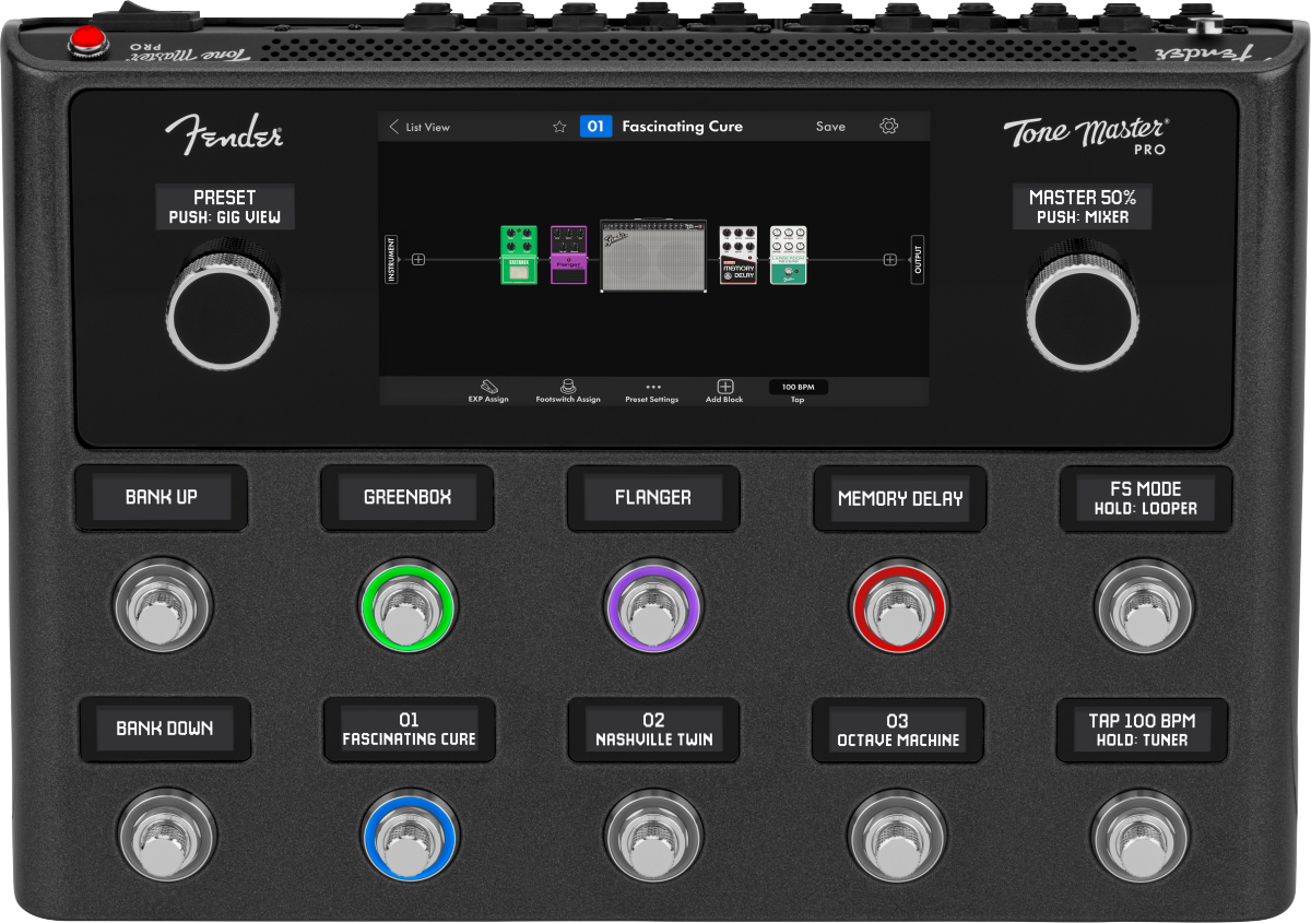 Black multi-effects processor with knobs, footswitches, and touchscreen interface displaying effect blocks.