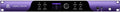 Front panel of a purple and black audio device with buttons, knob, headphone jacks, and labeled inputs.