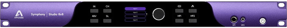 Front panel of a purple and black audio device with buttons, knob, headphone jacks, and labeled inputs.