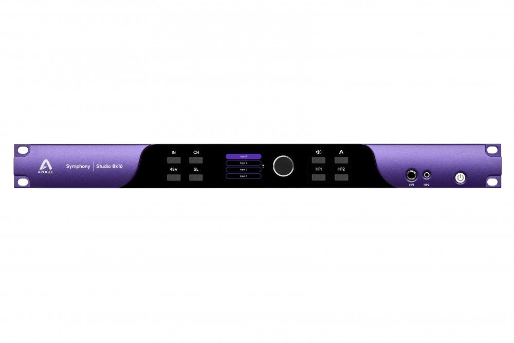 Front view of a purple Apogee Symphony Studio 8x16 audio converter with buttons, knobs, and headphone jacks.