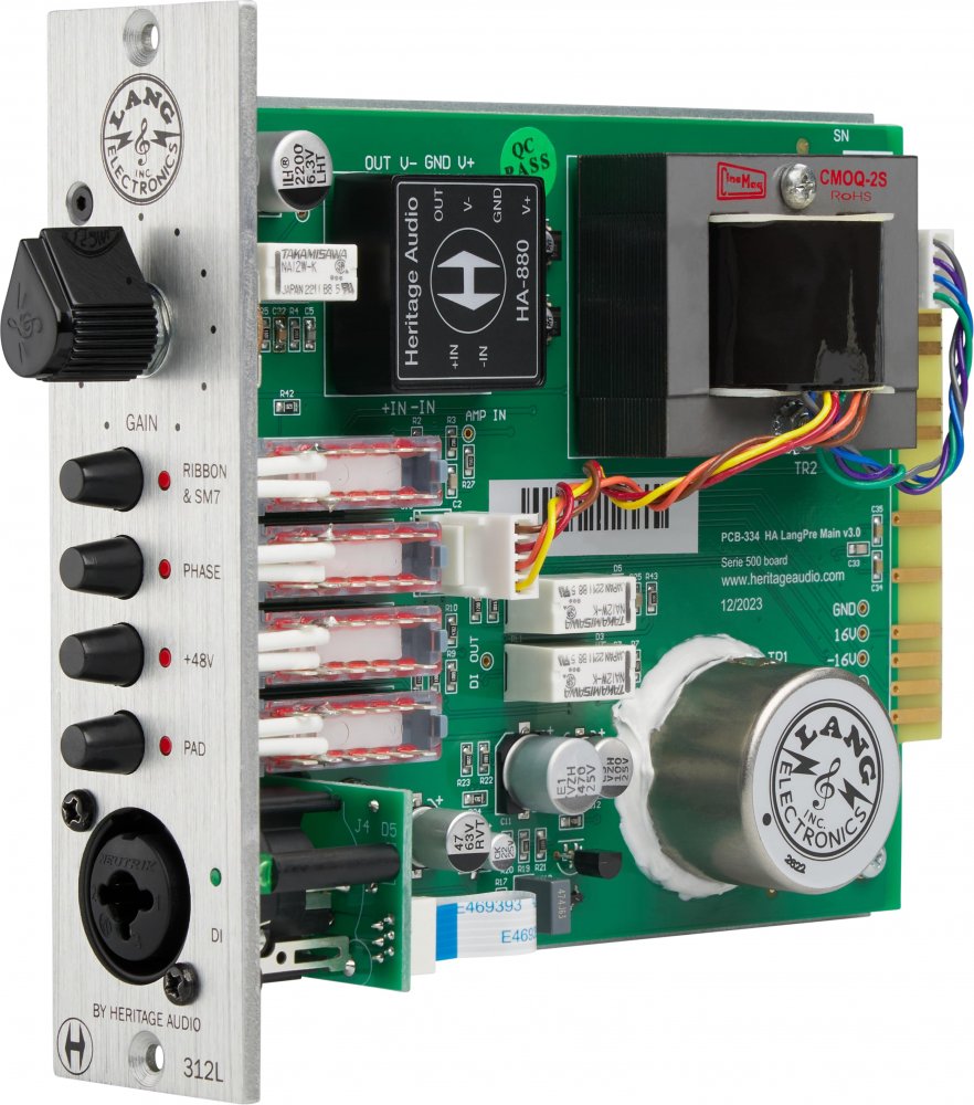 Open circuit board module with gain knob and various switches for microphone preamp by Heritage Audio.