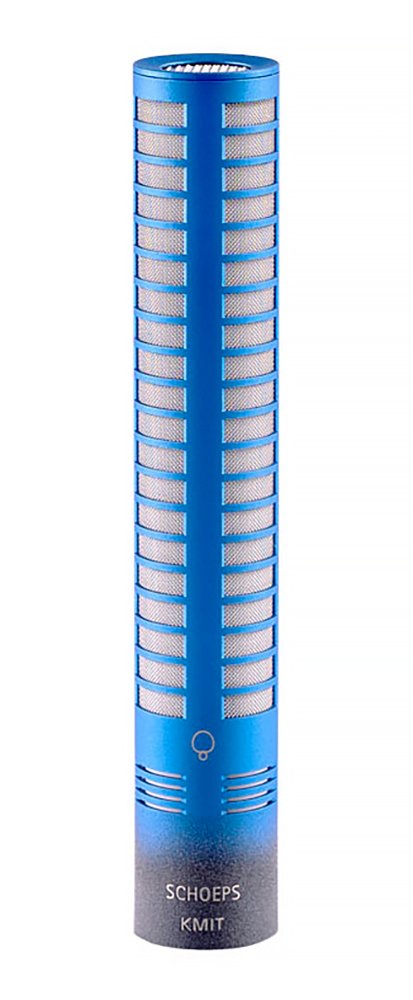 Tall cylindrical blue microphone with silver mesh grille and SCHOEPS KMIT label.