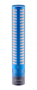 Tall cylindrical blue microphone with silver mesh grille and SCHOEPS KMIT label.