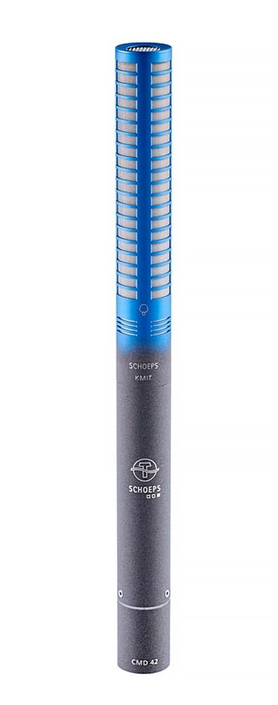 A cylindrical microphone with blue and gray metallic body labeled SCHOEPS KMIT CMD 42.