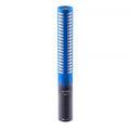 Blue and black cylindrical microphone with mesh grille and text on the body shown upright on a white background.