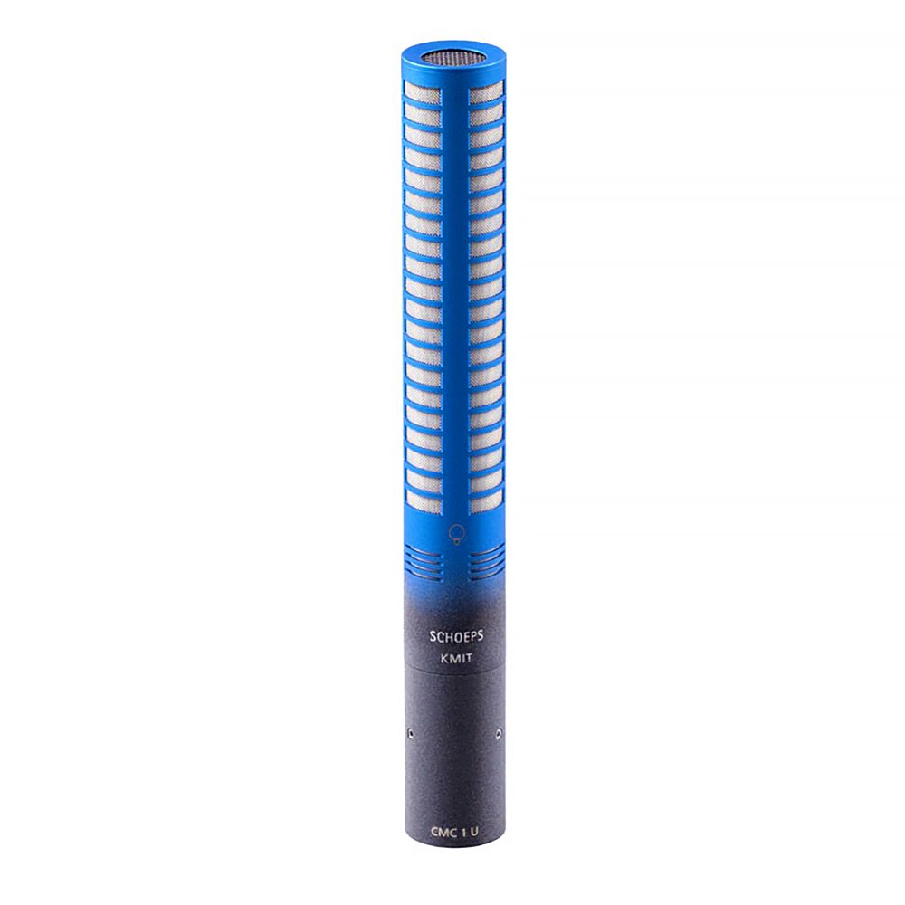 Blue and black cylindrical microphone with mesh grille and text on the body shown upright on a white background.