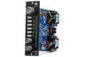 Black audio circuit module with knobs, push buttons, LED meters, transformers, and wiring on a white background.