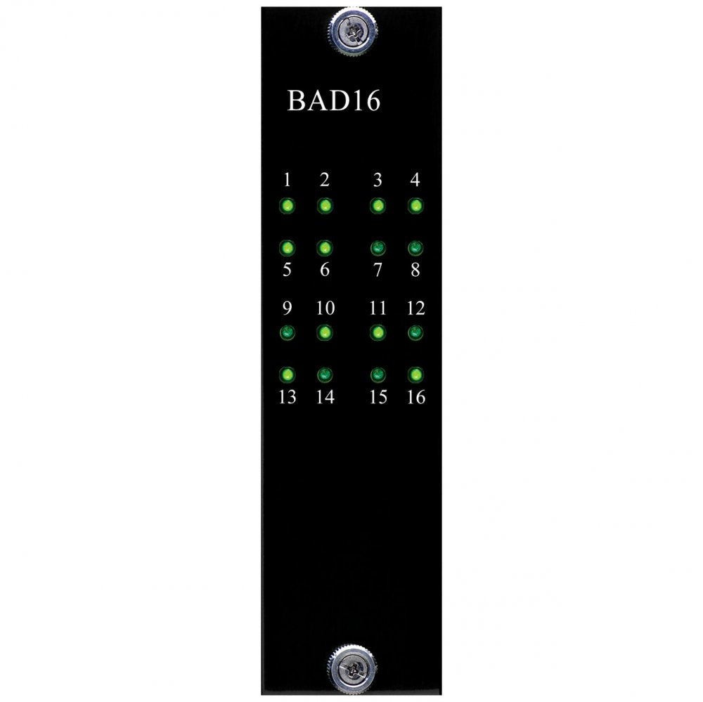 Black rectangular panel with two screws and 16 green indicator lights numbered 1 to 16.