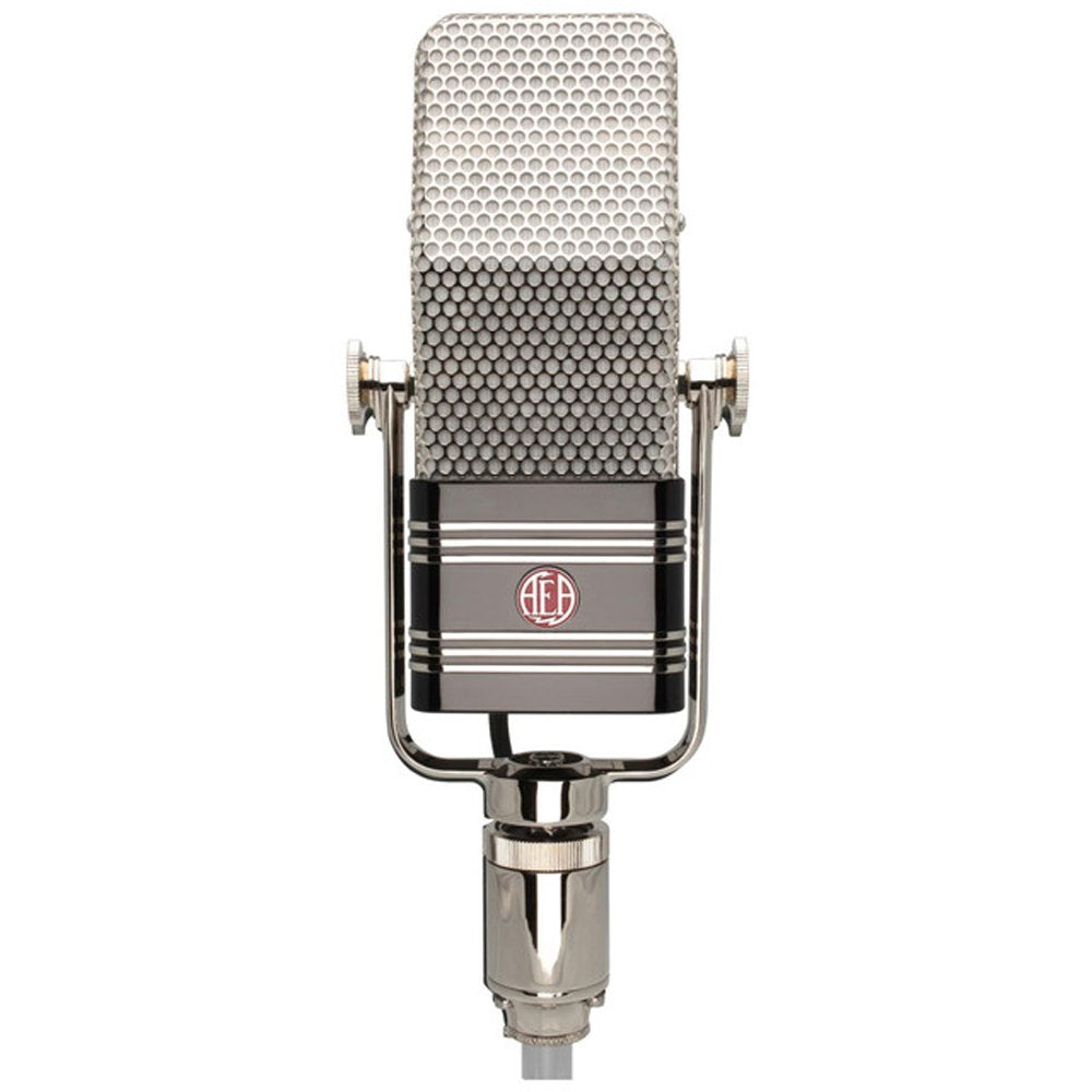 Front view of a silver vintage-style microphone with grille and AEA logo on body.
