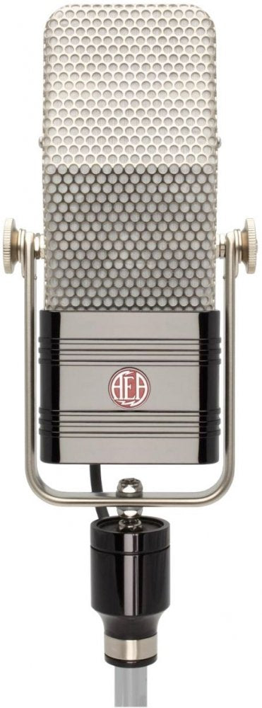 Front view of a vintage-style silver and black microphone with a honeycomb grille and AEA logo.