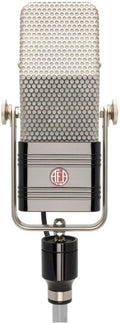 Front view of a vintage-style silver and black microphone with a honeycomb grille and AEA logo.