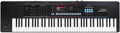 Black Roland JUNO-D synthesizer keyboard with white and black keys, buttons, knobs, and a small display screen.