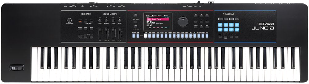 Black Roland JUNO-D synthesizer keyboard with white and black keys, buttons, knobs, and a small display screen.