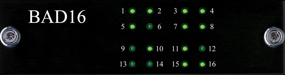 Black panel labeled BAD16 with 16 numbered green LED indicator lights arranged in a matrix.