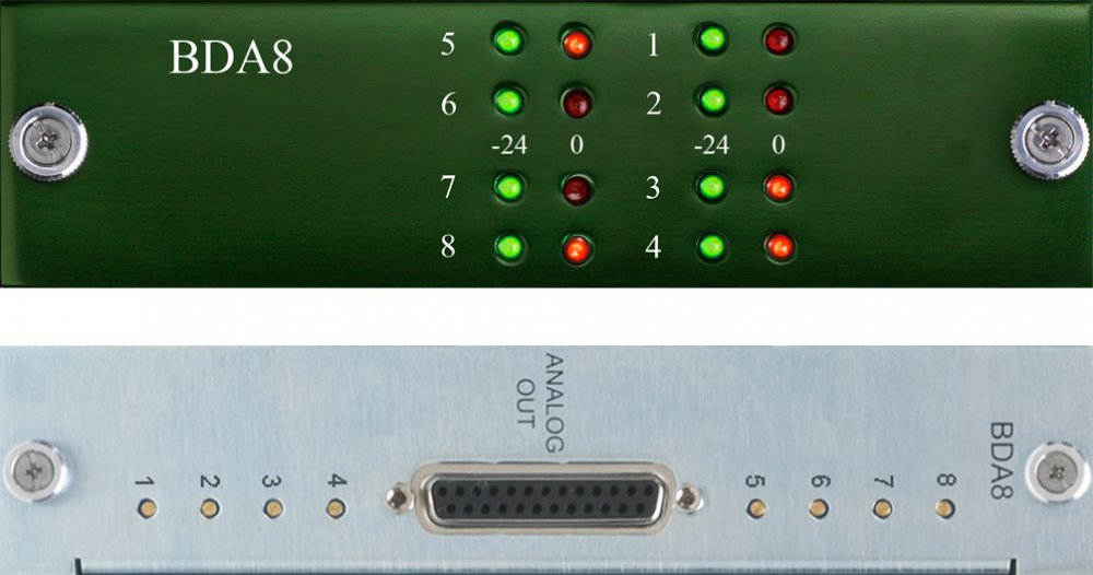 Front panel with LEDs and rear panel with a multi-pin D-sub analog output connector labeled BDA8.