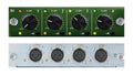 Front and rear views of a device with four gain control knobs and four XLR input connectors.