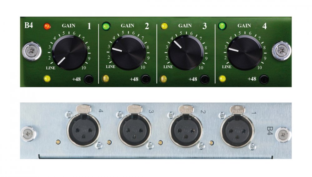 Front and rear views of a device with four gain control knobs and four XLR input connectors.