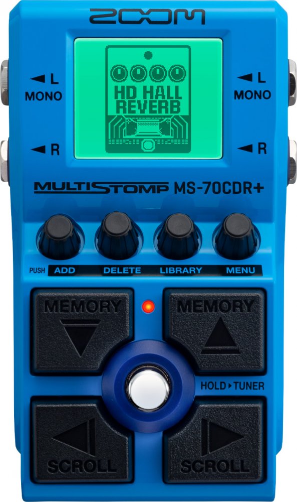 Blue multi-effects processor pedal with display showing HD HALL REVERB and various control knobs and buttons.