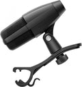 Black microphone with attached drum clamp shown on white background.