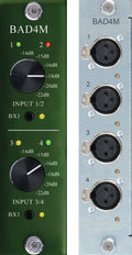Front and rear views of a device panel labeled BAD4M with rotary knobs, LEDs, and four XLR input connectors.